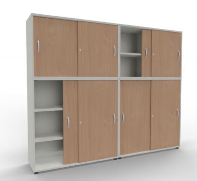 Büroschrankwand ST2 Schiebetürenschränke Gesamthöhe 195 cm Breite 240 cm Weiß-Buche