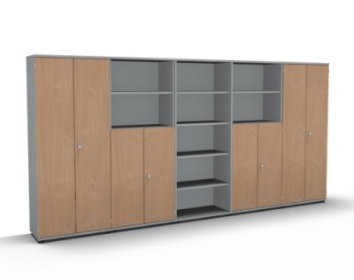 Schrankwand TEN K4 400 cm breit mit Standfüßen Dekor Lichtgrau/Buche