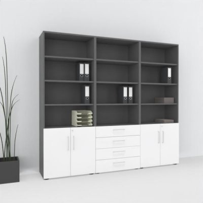 Büroschrankwand VH10 240 cm breit 6 Ordnerhöhen Grafit-Weiß