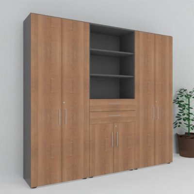 Büroschrankwand VH11 240 cm breit 6 Ordnerhöhen Grafit-Nussbaum