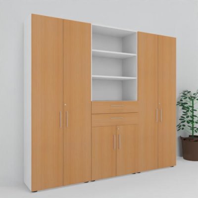 Büroschrankwand VH11 240 cm breit 6 Ordnerhöhen Weiss-Buche