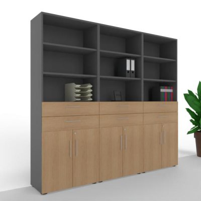 Büroschrankwand VH18 240 cm breit 6 Ordnerhöhen Grafit-Eiche