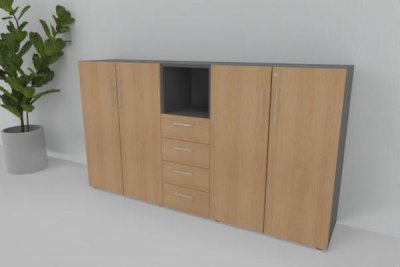 Büroschrankwand VH3 Highboard 200 cm breit 3 Ordnerhöhen Grafit-Eiche