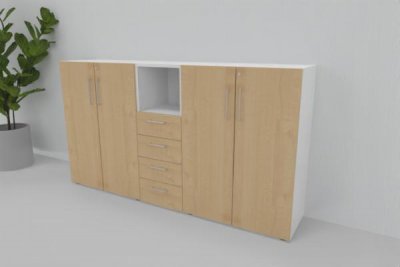 Büroschrankwand VH3 Highboard 200 cm breit 3 Ordnerhöhen Weiß-Ahorn
