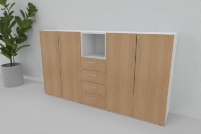 Büroschrankwand VH3 Highboard 200 cm breit 3 Ordnerhöhen Weiß-Eiche