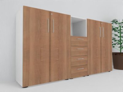 Highboard Büro Schrankwand VH3 200 cm breit Weiss-Nussbaum