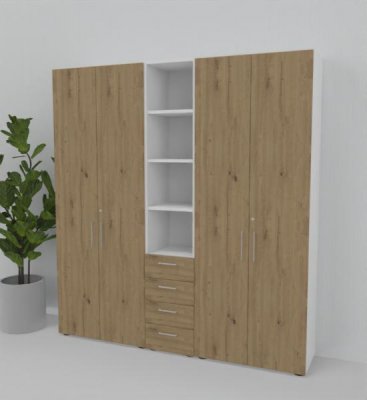 Büroschrankwand VH6 200 cm breit 215,6 cm hoch Weiß-Asteiche