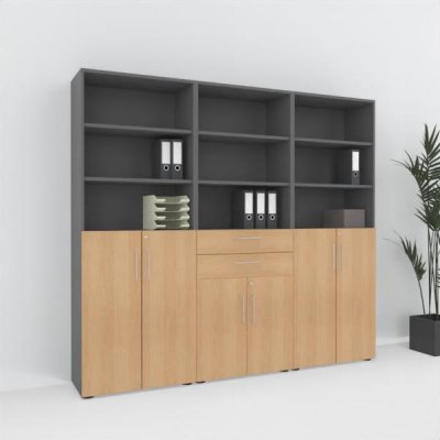 Büroschrankwand VH8 240 cm breit 6 Ordnerhöhen Grafit-Eiche