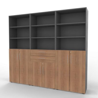 Büroschrankwand VH8 240 cm breit 6 Ordnerhöhen Grafit-Nussbaum