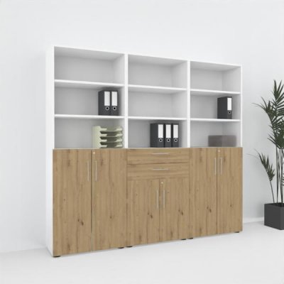Büroschrankwand VH8 240 cm breit 6 Ordnerhöhen Weiß-Asteiche