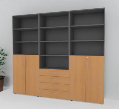 Büro Schrankwand VH90 240 cm breit Grafit-Buche