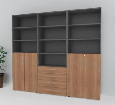 Büro Schrankwand VH90 240 cm breit Grafit-Nussbaum