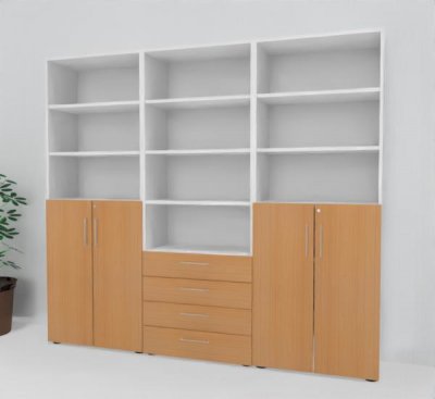 Büro Schrankwand VH90 240 cm breit Weiss-Buche