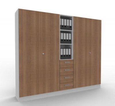 Büroschrankwand 240 cm breit Klassik K17 Weiß-Nussbaum