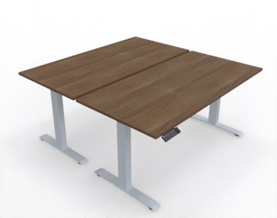 Doppelarbeitsplatz 160 x 160 cm GEL2 Gestellfarbe Silber Tischplatte Nussbaum