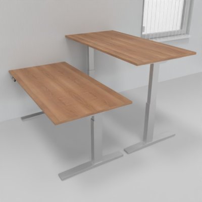 Doppelarbeitsplatz 163 x 160 cm HMK1 elektrisch höhenverstellbare Schreibtische Gestell Silber Tischplatten Nussbaum