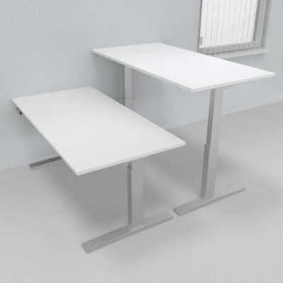 Doppelarbeitsplatz 163 x 160 cm HMK1 elektrisch höhenverstellbare Schreibtische Gestell Silber Tischplatten Weiß