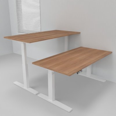Doppelarbeitsplatz 163 x 160 cm HMK1 elektrisch höhenverstellbare Schreibtische Gestell Weiß Tischplatten Nussbaum