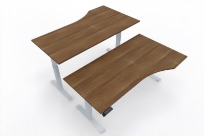 Doppelarbeitsplatz elektrisch höhenverstellbare PC-Schreibtische Gestelle Silber Tischplatten Nussbaum