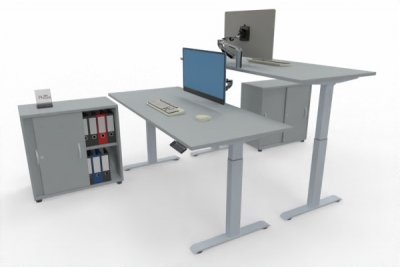 Doppelarbeitsplatz elektisch höhenverstellbare Schreibtische mit Anstellschrank Gestellfarbe Silber Dekor Lichtgrau