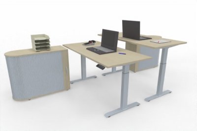 Doppelarbeitsplatz GER1 Schreibtische elektrisch höhenverstellbar mit Sideboards Dekor Ahorn