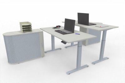 Doppelarbeitsplatz GER1 Schreibtische elektrisch höhenverstellbar mit Sideboards Dekor Weiß