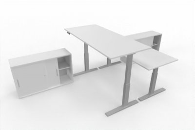 Doppelarbeitsplatz HMK2 elektrisch höhenverstellbare Schreibtische mit Schiebetürenschrank Dekor Weiß
