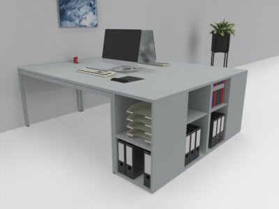Doppelarbeitsplatz 160 x 200 cm zwei Schreibtische mit Anstellregalen Dekor Lichtgrau