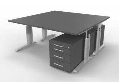 Doppelarbeitsplatz U16 mit Rollcontainer Grafit Silber