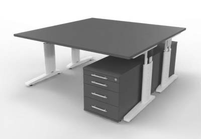 Doppelarbeitsplatz U16 mit Rollcontainer Grafit Weiss