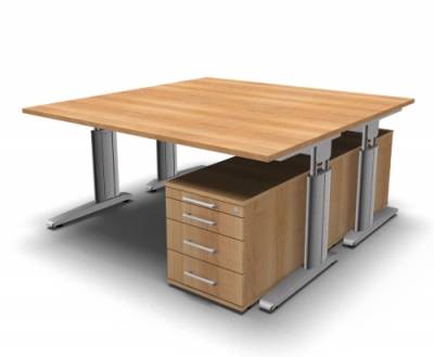 Doppelarbeitsplatz U16 mit Rollcontainer Nussbaum