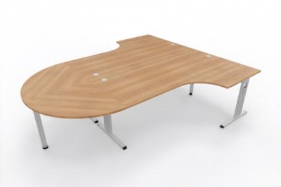 Doppelarbeitsplatz OD2 zwei Winkelschreibtische mit Besprechungsansatz Tischplatten Nussbaum Gestell Silber