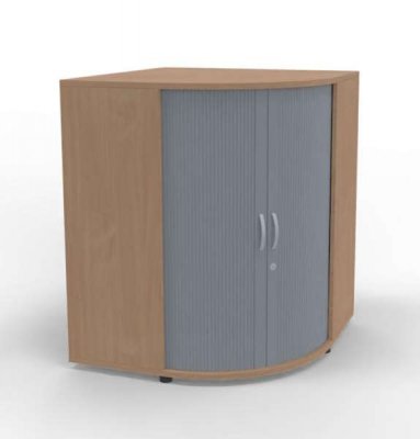 Eckschrank mit 3 Ordnerhöhen Rollladen und Ordnerrondell Buche