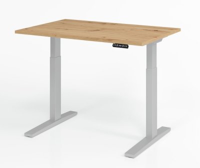 Schreibtisch 120 x 80 cm elektrisch höhenverstellbar Gestell Silber Tischplatte Asteiche