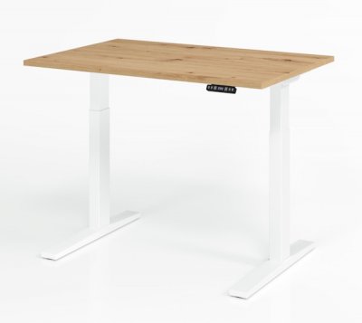 Schreibtisch 120 x 80 cm elektrisch höhenverstellbar Gestell Weiß Tischplatte Asteiche
