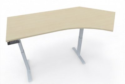 elektrisch höhenverstellbarer Schreibtisch 135 Grad rechts GE13 Gestell Silber Tischplatte Ahorn