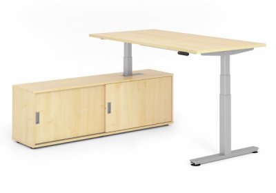 Schreibtisch elektrisch höhenverstellbar mit Sideboard Ahorn Silber