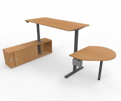 Komplettarbeitsplatz DSMB elektrisch höhenverstellbarer Schreibtisch mit Sideboard und Beratertisch Gestell Grafit Dekor Buche