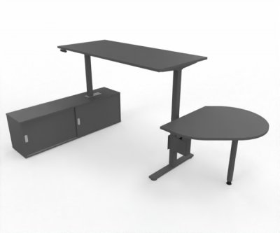 Komplettarbeitsplatz DSMB elektrisch höhenverstellbarer Schreibtisch mit Sideboard und Beratertisch Gestell und Dekor Grafit