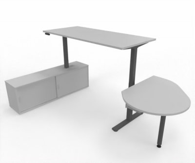 Komplettarbeitsplatz DSMB elektrisch höhenverstellbarer Schreibtisch mit Sideboard und Beratertisch Gestell Grafit Dekor Lichtgrau