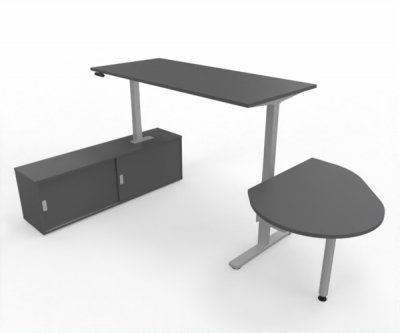 Komplettarbeitsplatz DSMB elektrisch höhenverstellbarer Schreibtisch mit Sideboard und Beratertisch Gestell Silber Dekor Grafit