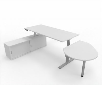 Komplettarbeitsplatz DSMB elektrisch höhenverstellbarer Schreibtisch mit Sideboard und Beratertisch Gestell Silber Dekor Weiß