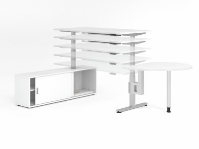 Komplettarbeitsplatz DSMB elektrisch höhenverstellbarer Schreibtisch mit Sideboard und Beratertisch Gestell Silber Dekor Weiß