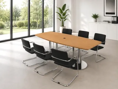 Konferenztisch 220 cm mit verchromten Säulenfüßen und 6 Freischwingerstühlen