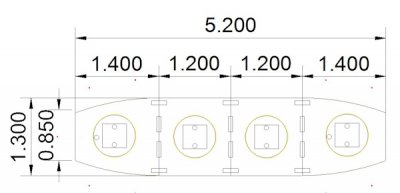 Großer Konferenztisch 520x130 cm mit 4teiliger Tischplatte Tellerfüße Stellfläche