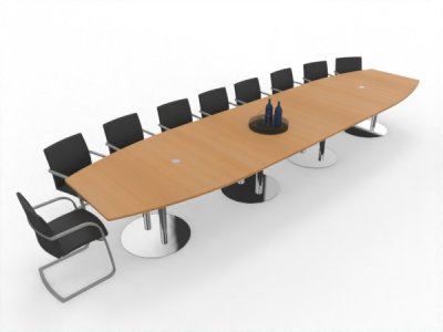 Großer Konferenztisch 520x130 cm mit 4teiliger Tischplatte Tellerfüße verchromt Dekor Buche