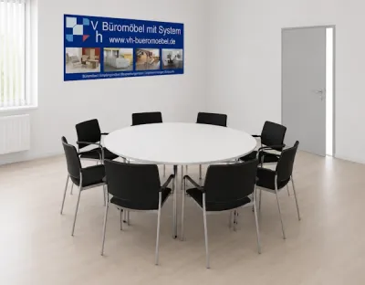 Konferenztisch rund 160 cm mit 8 Stühlen Milieubild