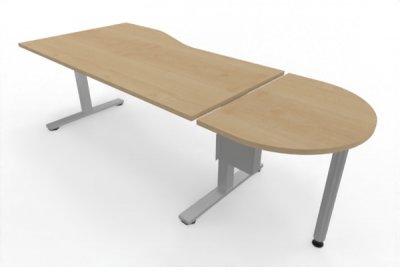 PC-Schreibtisch 180 cm elektrisch höhenverstellbar mit Anbautisch 60 cm Tischplatte Ahorn Gestell Silber
