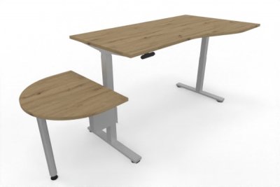 PC-Schreibtisch 180 cm elektrisch höhenverstellbar mit Anbautisch 60 cm Tischplatte Asteiche Gestell Silber