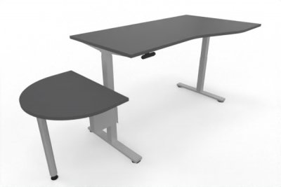 PC-Schreibtisch 180 cm elektrisch höhenverstellbar mit Anbautisch 60 cm Tischplatte Grafit Gestell Silber